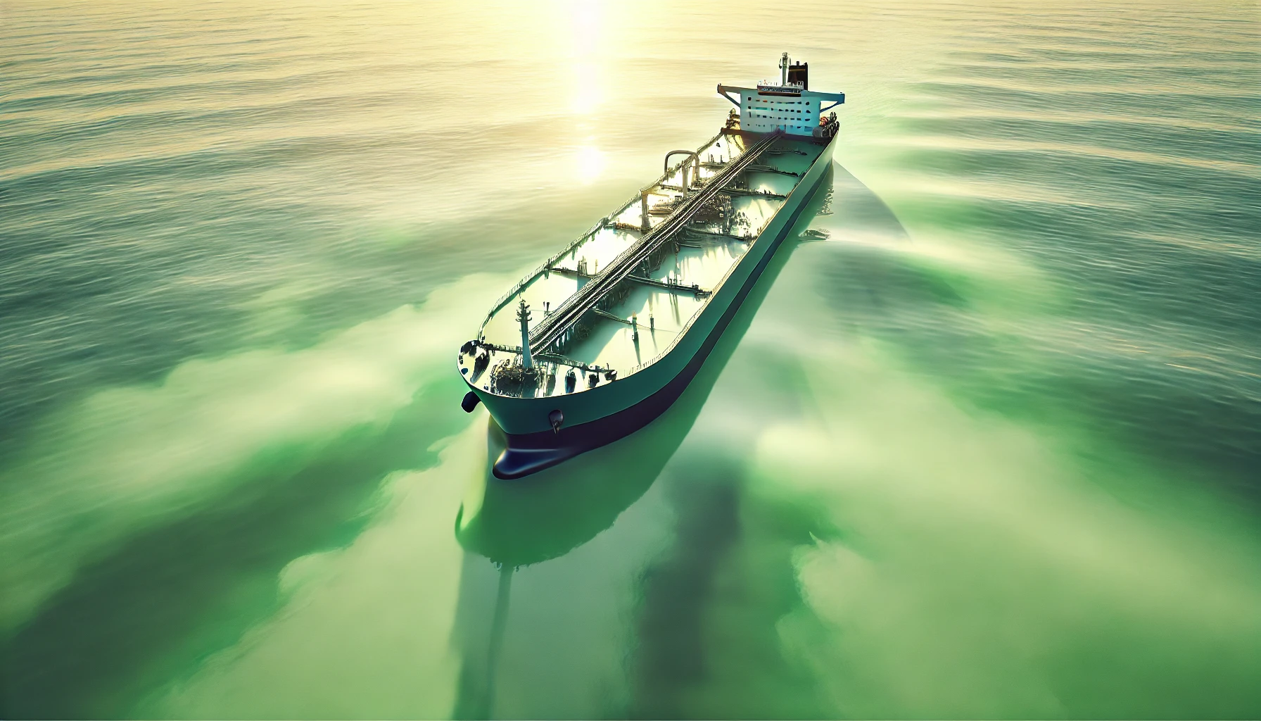 DALL·E 2024-11-30 22.47.38 – An artistic illustration of a large oil tanker ship sailing on calm ocean waters with a light green theme during sunrise. The ship features modern des DALL·E 2024-11-30 22.47.38 - An artistic illustration of a large oil tanker ship sailing on calm ocean waters with a light green theme during sunrise. The ship features modern des